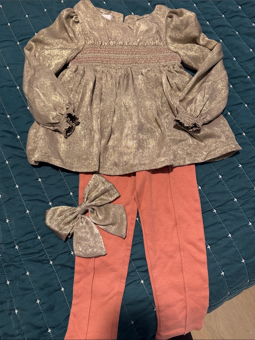 Tommy Bahama Metallic Gold Tunic with Dusty Rose Leggings and Gold Bow